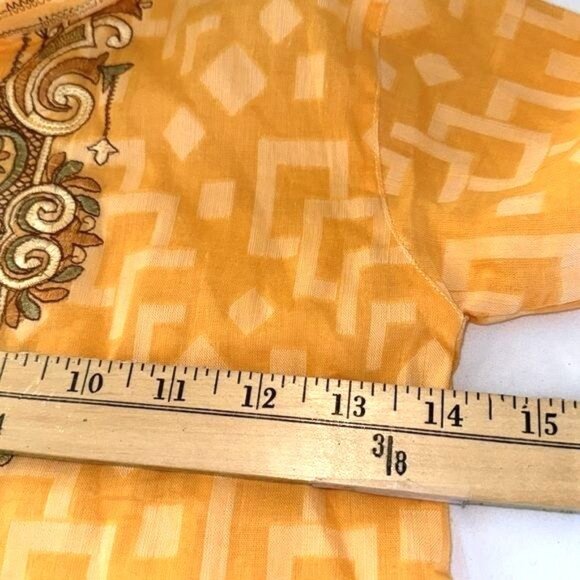 Vintage Yellow Embroidered Geometric Pattern Tunic Top With Buttoned Neckline & - Picture 5 of 7